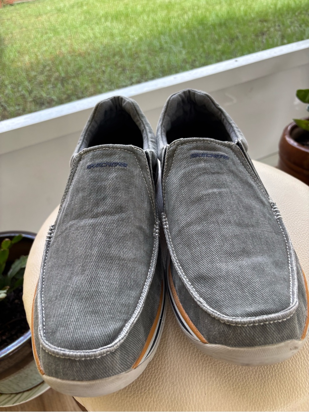 Skechers Men's Gray Canvas Slip-On Loafers with Tan Trim
